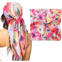 Awaytr 35    Silk Scarf For Women Large Head Scarf Square Hair Scarf Satin Hair Bandana Printed Silk Sleeping Head Wrap (Flower (Oil Colored))
