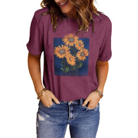 Lindocita Women's Sunflower Oil Painting Graphic Tees Cottagecore Summer Cute Loose Crewneck T-Shirt Shirts For Teen Girls Purple M