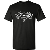 Gulf Oil Officially Licensed Men's Premium Short Sleeve T-Shirt, Gulf Classic Logo With Finishing Flags Graphic Tee (Us, Alpha, Small, Regular, Regular, Black)