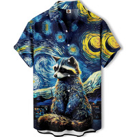 Oil Painting Raccoon Hawaiian Shirt, Short Sleeve Button Down, Art Print, Regular Fit