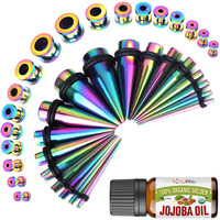 Bodyj4You 37Pc Ear Stretching Kit - Beginner Gauges 14G-00G Starter Set - Aftercare Jojoba Oil - Rainbow Steel Tapers Plugs Screw Fit Tunnels - Women Eyelet Mens Earrings Expander Piercing Jewelry