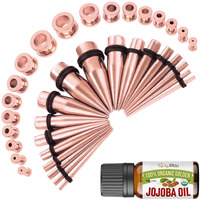 Bodyj4You 37Pc Ear Stretching Kit - Beginner Gauges 14G-00G Starter Set - Aftercare Jojoba Oil - Rose Goldtone Steel Tapers Screw Fit Tunnels Plugs - Women Eyelet Earrings Expander Piercing Jewelry