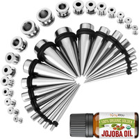Bodyj4You 37Pc Ear Stretching Kit - Beginner Gauges 14G-00G Starter Set - Aftercare Jojoba Oil - Steel Tapers Screw Fit Tunnels Plugs - Women Eyelet Mens Earrings Expander Piercing Jewelry