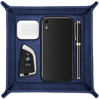Sithon Valet Tray Desktop Storage Organizer - Premium Pu Leather Catchall Bedside Vanity Tray Nightstand Caddy Holder For Remote Controller, Keys, Phone, Wallet, Coin, Jewelry, Dark Blue