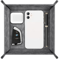 Sithon Valet Tray Desktop Storage Organizer - Premium Pu Leather Catchall Bedside Vanity Tray Nightstand Caddy Holder For Remote Controller, Keys, Phone, Wallet, Coin, Jewelry (Gray)