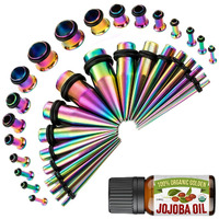 Bodyj4You 37Pc Ear Stretching Kit - Beginner Gauges 14G-00G Starter Set - Aftercare Jojoba Oil - Rainbow Steel Tapers Single Flare Plugs Tunnels - Women Eyelet Mens Earrings Expander Piercing Jewelry