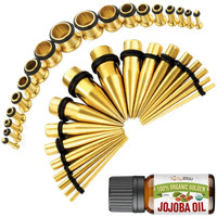 Bodyj4You 37Pc Ear Stretching Kit - Beginner Gauges 14G-00G Starter Set - Aftercare Jojoba Oil - Goldtone Steel Tapers Single Flare Plugs Tunnels - Women Eyelet Mens Earrings Expander Piercing Jewelry
