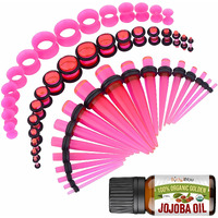 Bodyj4You 54Pc Ear Stretching Kit 14G-12Mm - Aftercare Jojoba Oil - Transparent Pink Acrylic Plugs Gauge Tapers Silicone Tunnels - Lightweight Expanders Men Women