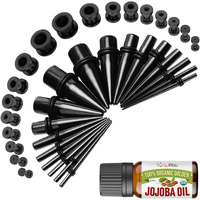 Bodyj4You 37Pc Ear Stretching Kit - Beginner Gauges 14G-00G Starter Set - Aftercare Jojoba Oil - Black Steel Tapers Plugs Screw Fit Tunnels Plugs - Women Eyelet Mens Earrings Expander Piercing Jewelry