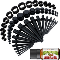 Bodyj4You 54Pc Ear Stretching Kit 14G-12Mm - Aftercare Jojoba Oil - Black Acrylic Plugs Gauge Tapers Silicone Tunnels - Lightweight Expanders Men Women