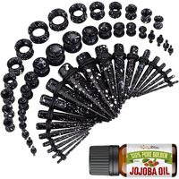 Bodyj4You 54Pc Ear Stretching Kit 14G-12Mm - Aftercare Jojoba Oil - Black White Splatter Acrylic Plugs Gauge Tapers Silicone Tunnels - Lightweight Expanders Men Women
