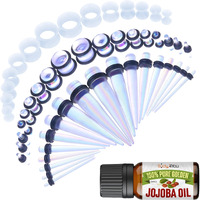 Bodyj4You 54Pc Ear Stretching Kit 14G-12Mm - Aftercare Jojoba Oil - Transparent Aurora Acrylic Plugs Gauge Tapers Silicone Tunnels - Lightweight Expanders Men Women