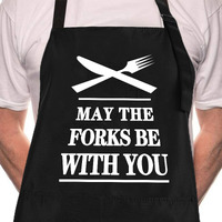 Rosoz Funny Bbq Black Chef Aprons For Men, May The Forks Be With You Adjustable Kitchen Cooking Aprons With Pocket Waterproof Oil Proof Fathers Day/Birthday