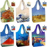 Beegreen Oil Painting Reusable Grocery Bags 6 Pack, Heavy Duty Totes For Women, Foldable Grocery Bag Large Shopping Totes With Handles For Work, Travel, Gift, Polyester Washable Reusable Tote Bag