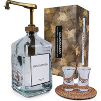 Ebun Goldengleam Glass Mouthwash Dispenser (Gold Plastic Pump) 37Oz Mouthwash Pump Dispenser, Mouth Wash Holder With Rinse Cup, Mouth Wash Glass Bottle, Decanter, Large Bottle For Bathroom Set