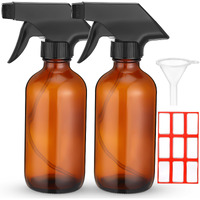 Fumete 2 Pack Glass Bottles 4Oz Empty Refillable Liquid Containers With 1 Label 1 Funnel For Essential Oils Hair Travel Plants Cleaning Skin Care(Amber, Black Top,Spray Bottle)