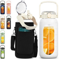 Oxyflask Glass Water Bottles 64 Oz - Half Gallon Water Bottle With Straw Phone Holder Handle Time Marker And Silicone Sleeve, Large Motivational Water Jug With Carrier Bag For Daily Intake Gym - Cream