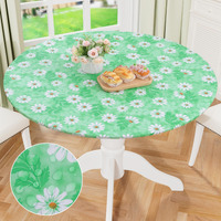 Misaya Round Fitted Tablecloth With Elastic Edge, 100% Waterproof Oil Proof Plastic Table Cover, Vinyl Flannel Backed Tablecloth Fits 57""-66"" Round Tables For Dinner, Outdoor, Picnic, Green Daisy