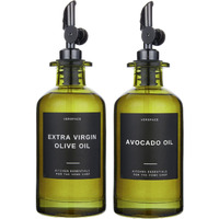 Green Glass Olive Oil Dispenser Bottle For Kitchen By Verpsace,Avocado Oil Dispenser Set, Modern Decor, Gold Kitchen Accessories For Home, Airbnb, Cafe (Black, Set Of 2)