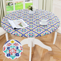 Misaya Round Fitted Tablecloth With Elastic Edge, 100% Waterproof Oil Proof Plastic Table Cover, Vinyl Flannel Backed Tablecloth Fits 36""-44"" Round Tables For Dinner, Outdoor, Picnic, Geometric Flower