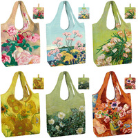 Beegreen Oil Painting Reusable Grocery Bags 6 Pack, Heavy Duty Totes For Women, Foldable Grocery Bag Large Shopping Totes With Handles For Work, Travel, Gift, Polyester Washable Reusable Tote Bag
