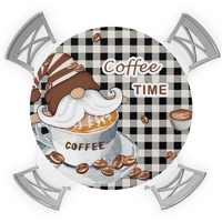 Ewdewwo Coffee Gnome Elastic Round Tablecloth, Funny Gnomes On Cup Black Plaid Border Fitted Tablecloths For Round Table Oil-Proof Waterproof Table Cloth (Fit For 45"" - 54"" Round Tables)