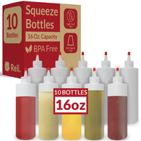 Reli. Plastic Squeeze Bottles, 16 Oz. | 10 Pack | Condiment Squeeze Bottles For Sauces | Clear W/Red Tip Cap | 16 Ounce Hot Sauce, Ketchup | Condiments, Olive Oil, Glue