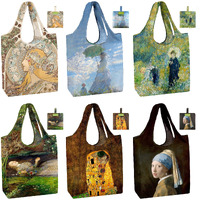 Beegreen Oil Painting Reusable Grocery Bags 6 Pack, Heavy Duty Totes For Women, Foldable Grocery Bag Large Shopping Totes With Handles For Work, Travel, Gift, Polyester Washable Reusable Tote Bag