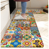 Boho Kitchen Rugs Set 2 Memory Foam Colorful Ceramic Comfort Tile Floor Mat Anti Fatigue Non-Skid Pvc Runner Rug Water & Oil Proof Carpet For Kitchen Laundry Sink,17.3X28+17.3X47 Inch, C2