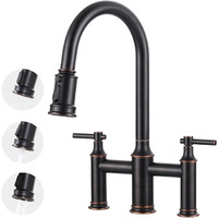 Bridge Faucet Oil Rubbed Bronze: Brass Two Handles Bridge Kitchen Faucet With Pull Down Sprayer - 3 Hole 8 Inch Centerset Kitchen Sink Faucet For Farmhouse Rv Laundry, 360 Swivel Spout