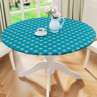 Misaya Round Fitted Tablecloth With Elastic Edge, 100% Waterproof Oil Proof Plastic Table Cover, Vinyl Flannel Backed Tablecloth Fits 36""-44"" Round Tables For Dinner, Outdoor, Picnic, Bluish Green