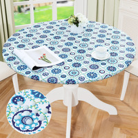 Misaya Round Fitted Tablecloth With Elastic Edge, 100% Waterproof Oil Proof Plastic Table Cover, Vinyl Flannel Backed Tablecloth Fits 45""-56"" Round Tables For Dinner, Outdoor, Picnic, Navy Mandala