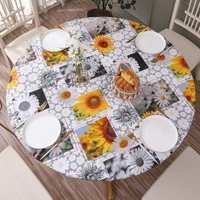Round Vinyl Fitted Tablecloth With Flannel Backing Elastic Edge Design Table Cover Waterproof Oil-Proof Pvc Table Cloth Stain-Resistant Best For 32""-36"" Round