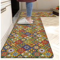 Boho Kitchen Rugs Set 2 Memory Foam Colorful Ceramic Comfort Tile Floor Mat Anti Fatigue Non-Skid Pvc Runner Rug Water & Oil Proof Carpet For Kitchen Laundry Sink,17.3X28+17.3X47 Inch, C4