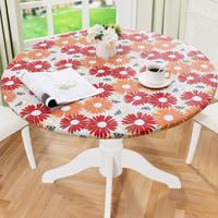 Misaya Round Fitted Tablecloth With Elastic Edge, 100% Waterproof Oil Proof Plastic Table Cover, Vinyl Flannel Backed Tablecloth Fits 45""-56"" Round Tables For Dinner, Outdoor, Picnic, Red Daisy