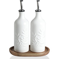 Sweejar Ceramic Olive Oil Dispenser Bottle, 20 Oz Relief Opaque Oil Cruet Protects To Reduce Oxidation, Suitable For Storage,Vinegar, Soy Sauce,Liquids,Set Of 2 (White White)