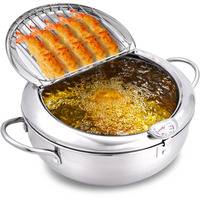 Cuomaop Deep Fryer Pot, 304 Stainless Steel Japanese Frying Pot With Oil Drain, Temperature Control And Lid, Tempura Deep Fryer Pot For Kitchen Stove/Induction Cooker French Fries Fryer Chicken 9.4""