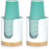 2 Pack Bathroom Cup Dispenser - Small Cup Holder And Mouthwash Cups Holder For 3 Oz Countertop - Convenient Paper Cup Dispenser - Bamboo Wood Base Bathroom Cup Holder(White)
