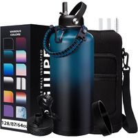 87/128 Oz Insulated Water-Bottle With Straw - Gallon Water Bottles With Phone Holder, Stainless Steel Water Jug With Strap & Auto Chug Lids, Gym Camping Sport Metal Flask W/Paracord Handle