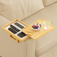 Wealone Bamboo Couch Arm Tray For Wide Couch, Sofa Arm Clip Table With Storage Box, Couch Armrest Tray With 360Rotating Phone Holder, Sofa Arm Table Clip For Eating, Drinks Or Dining