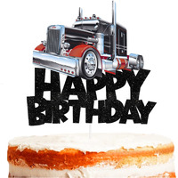Truck Car Cake Topper Pick For Transportation Vehicle Theme Decor Supplies Baby Shower Boy Girl Happy Birthday Party Decorations Black Glitter