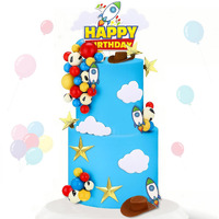 Cartoon Story Birthday Cake Topper 57Pcs Infinity And Beyond Blue Sky White Cloud Cow Print Cake Flag Toy Theme Party Decoration