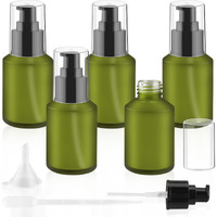 Bosmiow 5 Pieces 60Ml/2Oz Empty Green Glass Lotion Pump Bottles,Refillable Essential Oil Jars With 1 Funnel And 1 Pipette,Cosmetic Sample Containers For Foundation,Cream,Gel,Shampoo