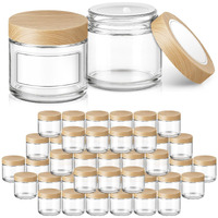 2 Oz Glass Jars With Plastic Woodgrain Lids, Bumobum 48 Pack Round Clear Cream Jars With Black And White Labels & Inner Liners, Empty Cosmetic Containers For Cream, Lotion, Ointment