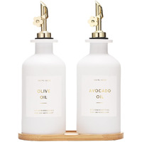 Homcdaly Olive Oil Dispenser For Kitchen, 11.8Oz Glass Kitchen Dispenser Bottle, Gold Oil&Vinegar Cruet Set, Leakproof Oil Containers For Cooking| Set Of 2 (11.8Oz - Gold)