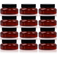 Amber Plastic Jars With Lids, 12 Pack Brown Body Scrub Jars Empty Refillable Containers Round Low Profile Samples Jars For Lotion, Body Butter, Sugar Scrub, Cream (5.3 Oz)