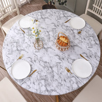 Round Vinyl Fitted Tablecloth With Flannel Backing Elastic Edge Design Table Cover Waterproof Oil-Proof Pvc Table Cloth Stain-Resistant Best For 32""-36"" Round