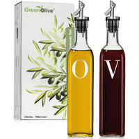 Greenolive Olive Oil And Vinegar Dispenser Set - 17 Oz. Glass Bottles With No-Drip Bpa-Free Spouts - Stylish O And V Identifiers For Kitchen And Dining Use - Set Of 2