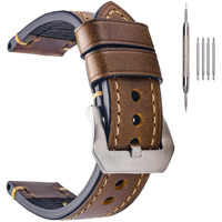 Eache Brown Leather Watch Bands For Men 26Mm, Oil Waxed Thick Leather Watch Straps Oil Waxed Dark Brown With Silver Buckle
