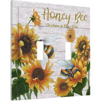 Rustic Wooden Sunflower Bee Oil Painting Double Toggle Wall Plate 2 Gang Light Switch Cover Decorative Electrical Switchplate Faceplate For Farmhouse Bedroom Living Room Bathroom Home Decora